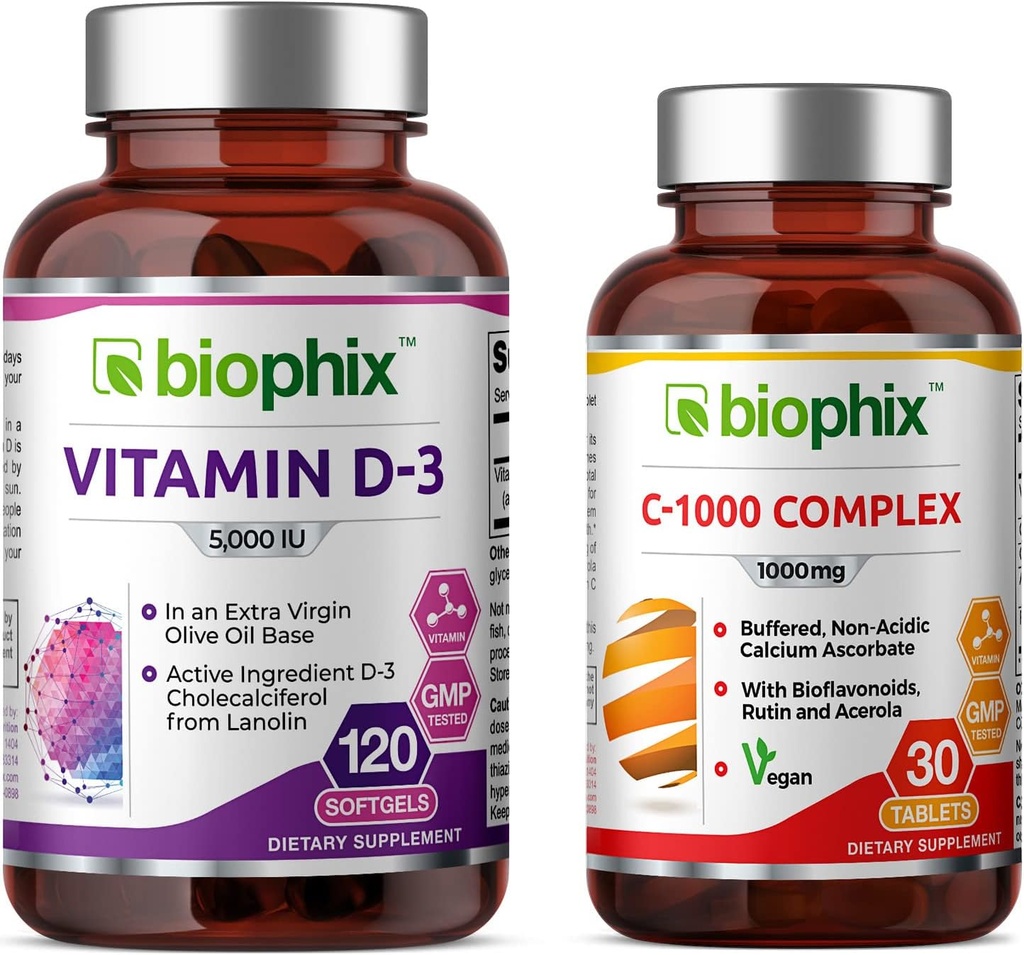 biophix Vitamin D-3 5000 IU 120 Softgels - Δωρεάν Βιταμίνη C-1000 30 Tablets - Υψηλή δύναμη σε Εξαιρετικό Παρθένο Ελαιόλαδο Μη-ΓΤΟ Σόγια-ελεύθερο Υποστηρίζει Ισχυρά Οστά Ανοσοποιητική Υγεία