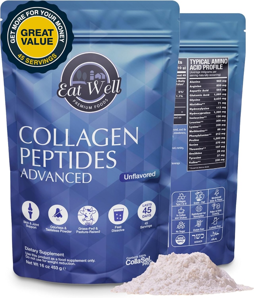 EAT WELL PREMIUM FOODS Collage Peptides Peptides Powder Protein 45 Σερβιρίσματος, 16oz, Collagen για το δέρμα, οστά και κοινή υποστήριξη, τύπου I & III Συμπληρώματα Fed Grass Collagen για γυναίκες και άνδρες, Keto, Amino Acids