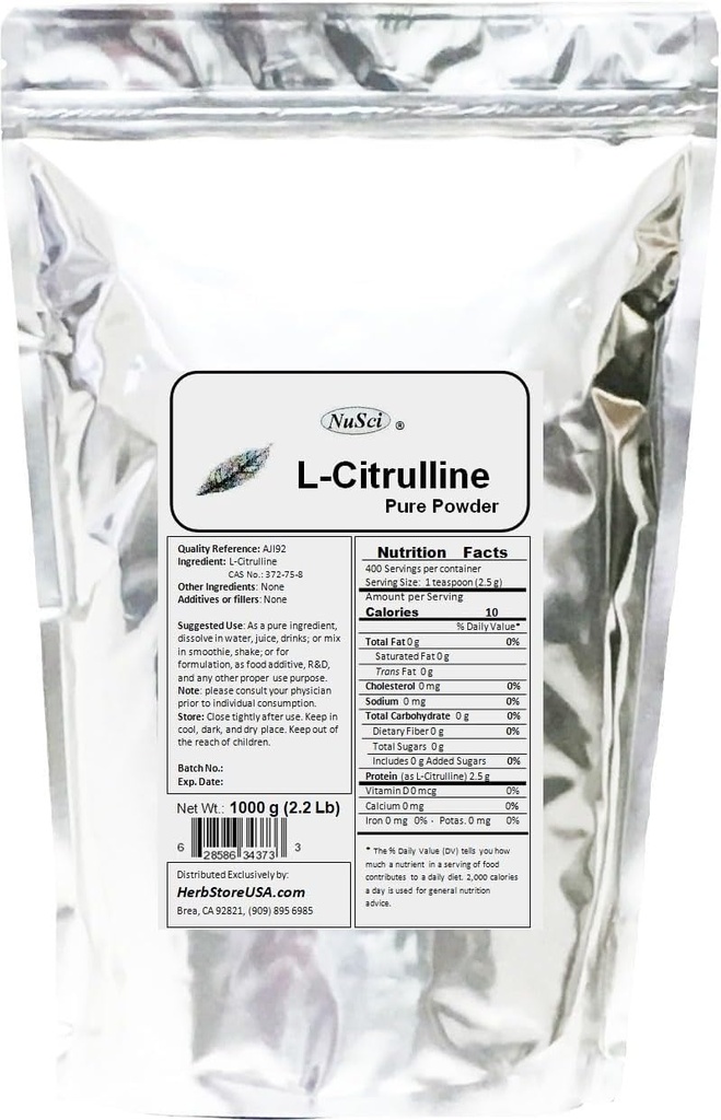 L-Citrulline 1000g (2,2 lb, 35,2 oz) Καθαρή σκόνη, οξείδιο του αζώτου, AJI92 ποιοτικό πρότυπο.