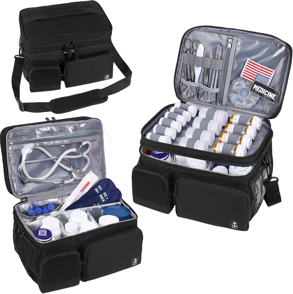 Τσάντα Double Layers Ιατρική με μονωμένο διαμέρισμα Pill μπουκάλι Organizer με κλειδαριώσιμο φερμουάρ, Travel Medicine Organizer με μαλακό ιμάντα για μπουκάλια χάπι, ιατρικές προμήθειες