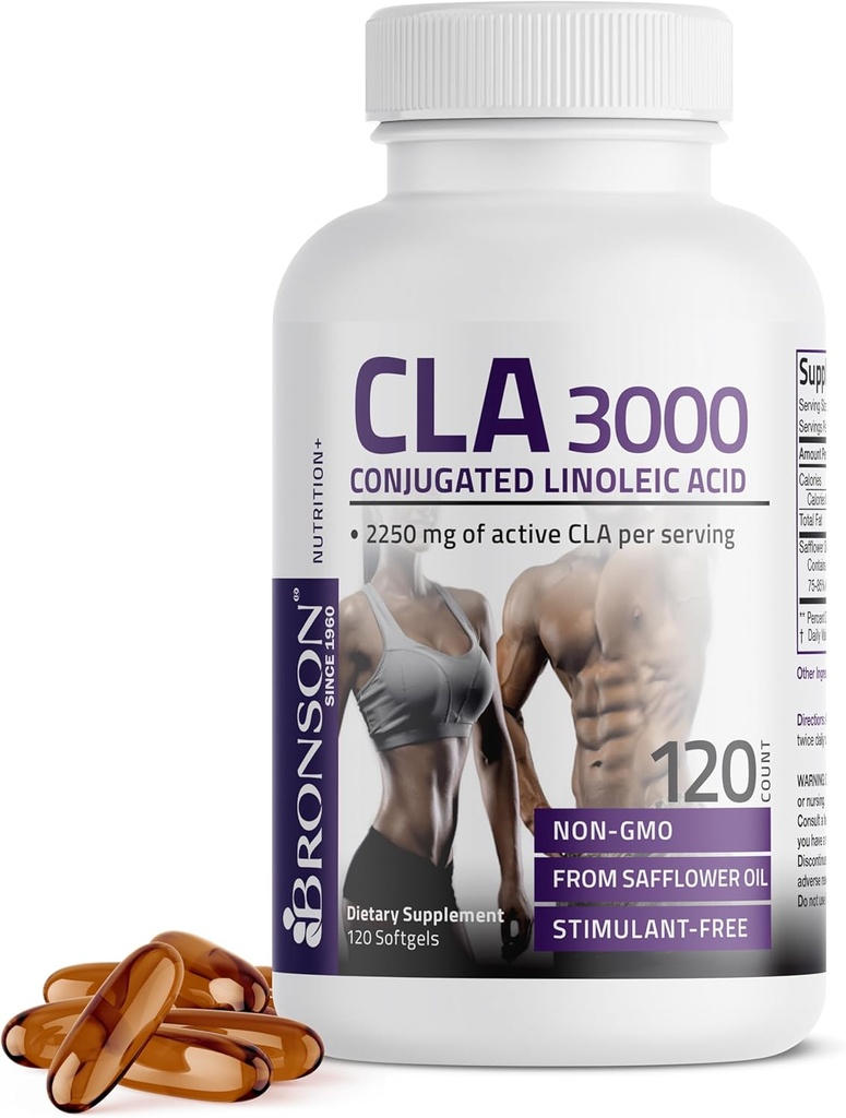 Bronson CLA 3000 Extra High Potency Supports Healthy Weight Management Lean Muscle Mass Non-Stimulating Conjugated Linoleic Acid 120 Softgels