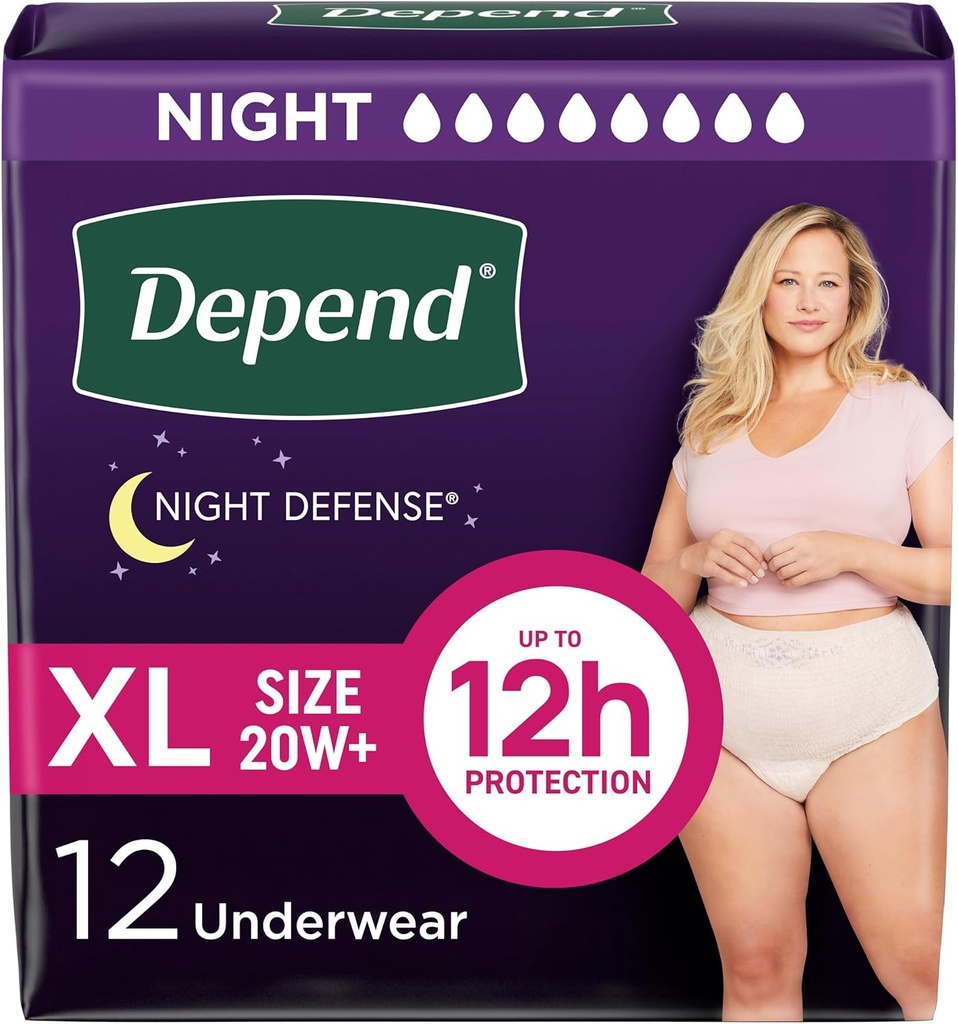 Depend Night Defense Adult Diapers, Incontinence & Postpartum Bladder Leak Underwear for Women, Disposable, Overnight, Extra-Large, Blush, 12 Count, Packaging May Vary