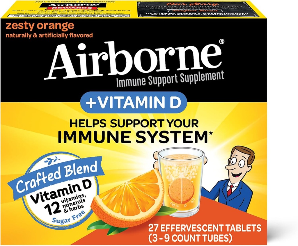 Airborne 750mg Βιταμίνη C με αναβράζοντα δισκία ψευδαργύρου, συμπλήρωμα υποστήριξης ανοσοποιητικών με Ισχυρές Αντιοξειδωτικές Βιταμίνες A C D3 & E - 27 Fizzy Drink Tablets, Zesty Πορτοκαλί Γεύση