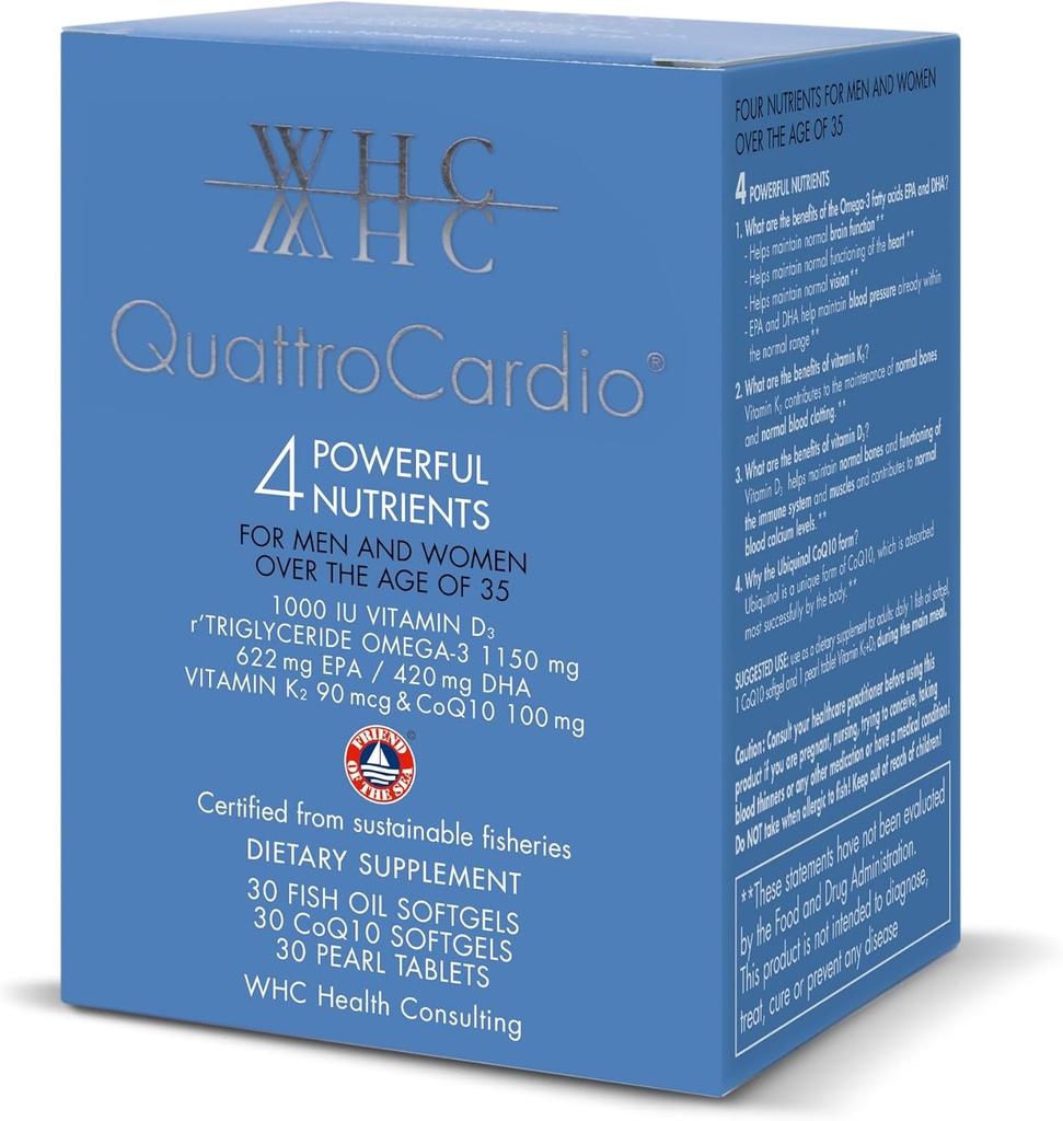WHC QuattroCardio Omega-3 1200 mg, Βιταμίνη D3 1000 IU, EPA 600 mg, DHA 495 mg, Βιταμίνη K2 90 mcg, CoQ10 100 mg, Φυσικό Πορτοκαλί, 30 Fish Oil Softgels, 30 CoQ10 Softgels & 30 Pearl Tablets Βιταμίνη K2+D3