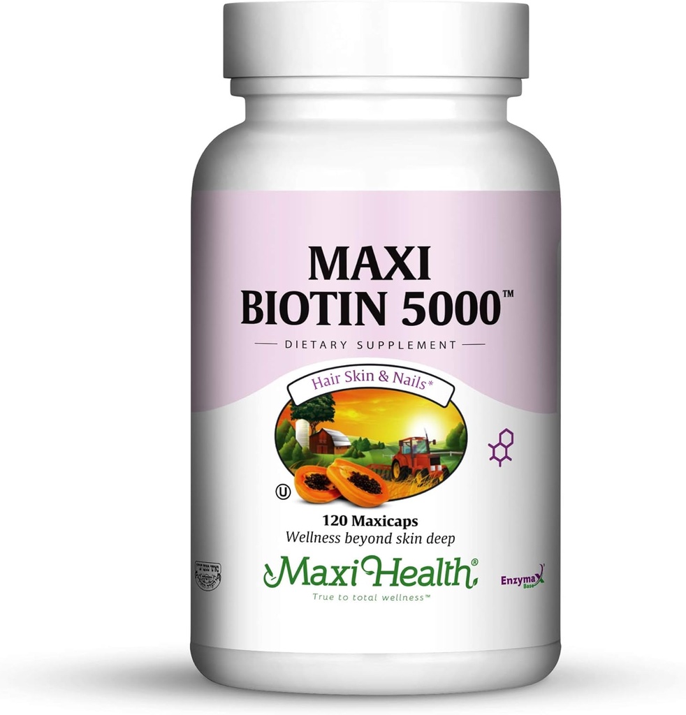 Maxi Health Biotin 5000 mcg – Δέρμα μαλλιών και νύχια Βιταμίνες για γυναίκες και άνδρες – Υψηλής ισχύος βιταμίνη B7 συμπλήρωμα για την ανάπτυξη των μαλλιών, ισχυρά νύχια & υγιή δέρμα – Kosher, Γιατρός Formulated – 120 κάψουλες