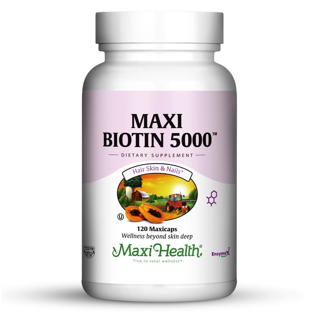 Maxi Health Biotin 5000 mcg – Δέρμα μαλλιών και νύχια Βιταμίνες για γυναίκες και άνδρες – Υψηλής ισχύος βιταμίνη B7 συμπλήρωμα για την ανάπτυξη των μαλλιών, ισχυρά νύχια & υγιή δέρμα – Kosher, Γιατρός Formulated – 120 κάψουλες