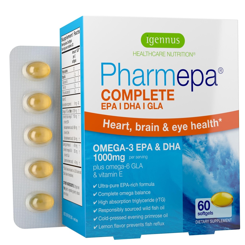 Igennus Pharmepa Complete EPA 668mg & DHA 334mg Ωμέγα-3 Λιπαρά Οξέα 1000mg, IFOS Certified, rTG Form, Υψηλής Ικανότητας ιχθυέλαιο Συν Ωμέγα-6 & 9 από GLA Evening Primrose Oil, Lemon Flavor, 60 Softgels