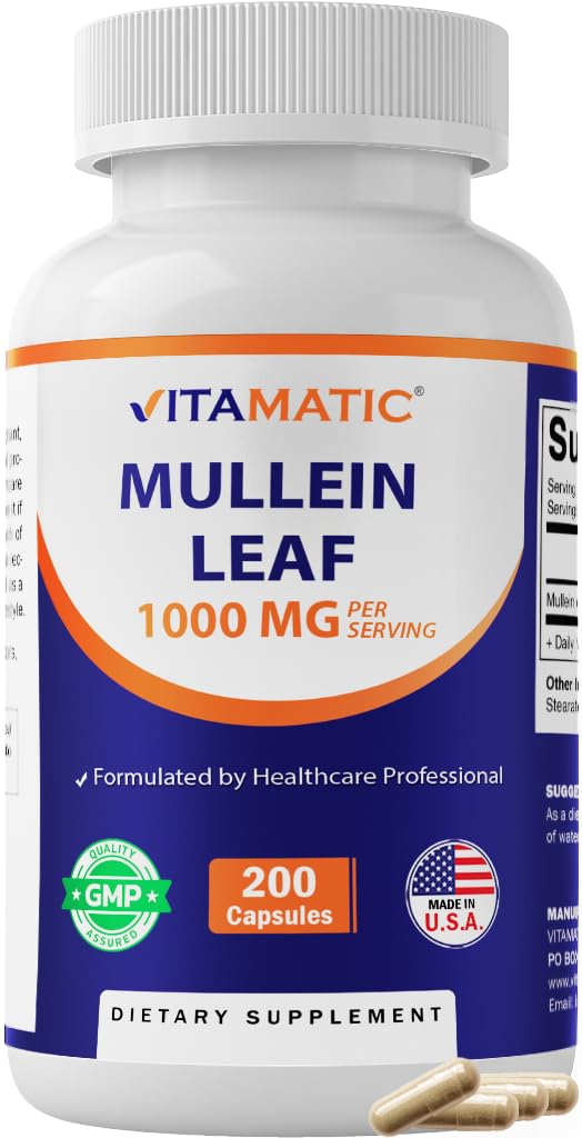 Vitamatic Mullein Leaf 1000mg per Serving - Υποστηρίζει υγιή αναπνευστική, βρογχική και ανοσοποιητική λειτουργία - 200 κάψουλες