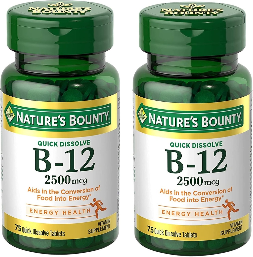 Βιταμινη B12 2500 mcg, Κυτταρική Ενέργεια Υποστήριξη, για την Ενέργεια Μεταβολισμός, Καρδιά & Νευρικό Σύστημα Υγεία, 75 Γρήγορη Διαλύστε Δισκία (πακέτο του 2)