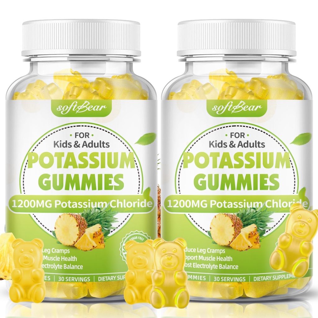 Χλώριο μαλακής αρκούδας 1200mg, Gummies χωρίς ζάχαρη Κάλιο για ενήλικες Υποστηρίξτε τα πόδια Κράμπες υψηλής ισχύος Χλωριούχο κάλιο συμπλήρωμα, Ανανάς Γεύση 120 Count
