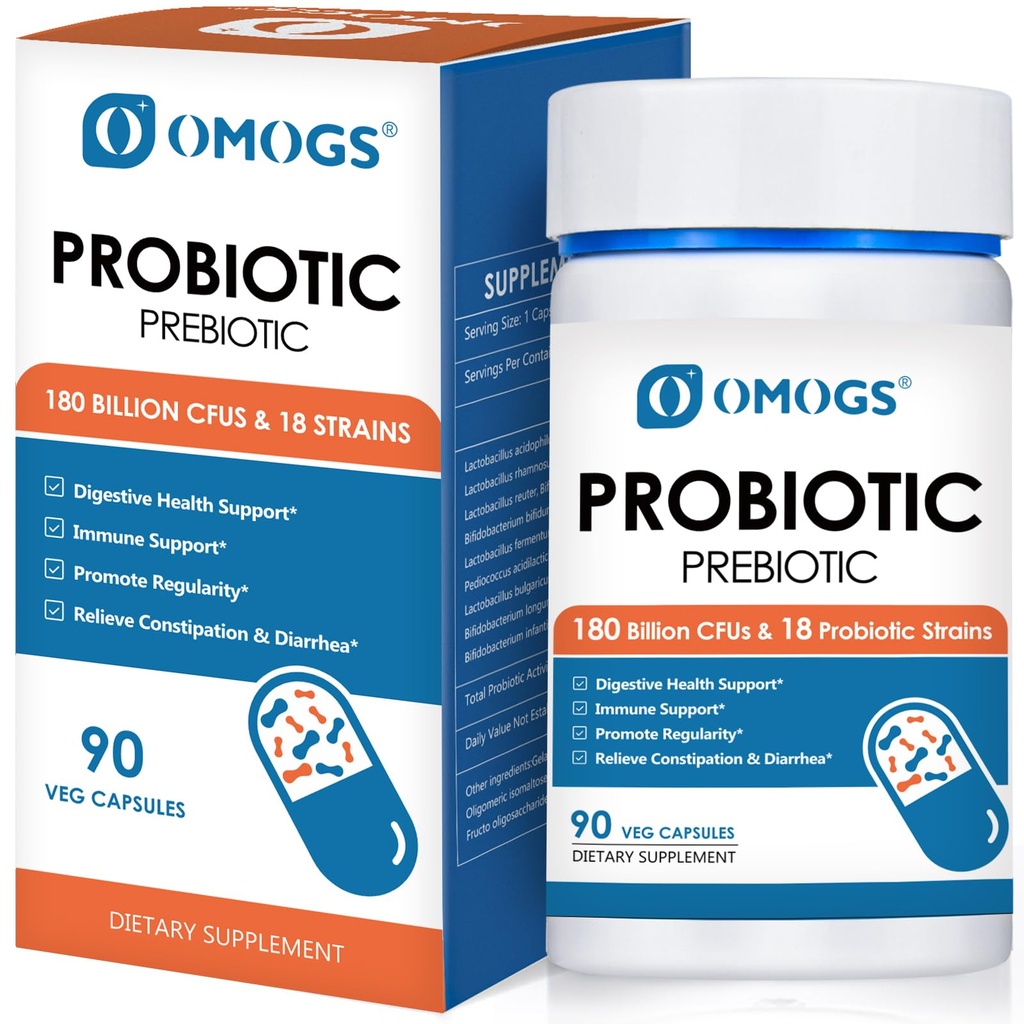 OMOGS Probiotics 120 Δισεκατομμύρια CFUs 18 Strains, 3 Prebiotics & Digestive Enzymes, Helps Digestive, Gut Health, Immune, Υποστηρίζει περιστασιακή δυσκοιλιότητα, Διάρροια & Αέριο - για γυναίκες & άνδρες, 60 κάψουλες