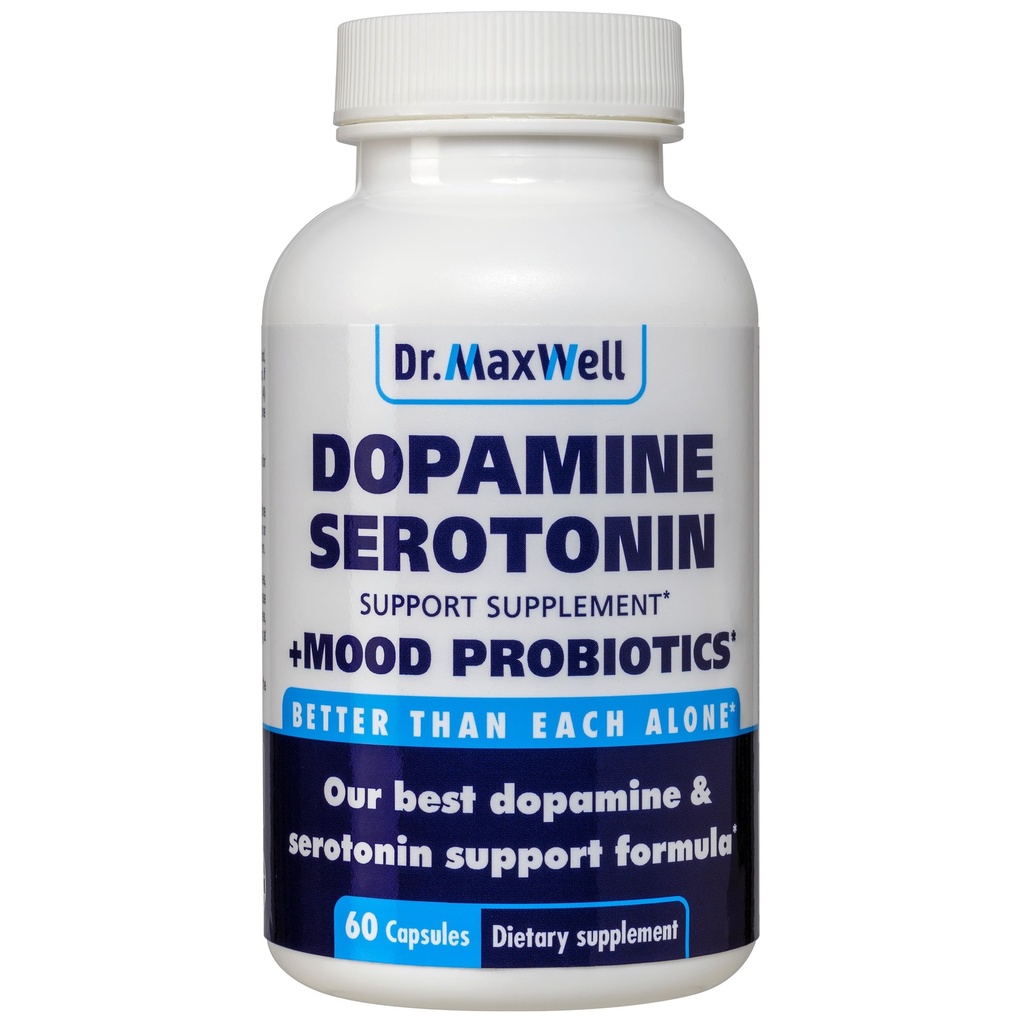 Dr. Maxwell Serotonin and Dopamine Supplements with Mood Probiotic, 5in1 Support for (1) Dopamine (2) Serotonin (3) Mood (4) Relaxation (5) Focus & Brain, 60 Capsules