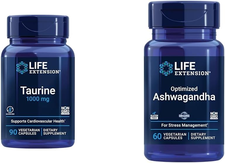 Life Extension Taurine 1000mg and Ashwagandha 60 Capsules - Brain, Heart, Liver Health and Stress Management Supplement Bundle