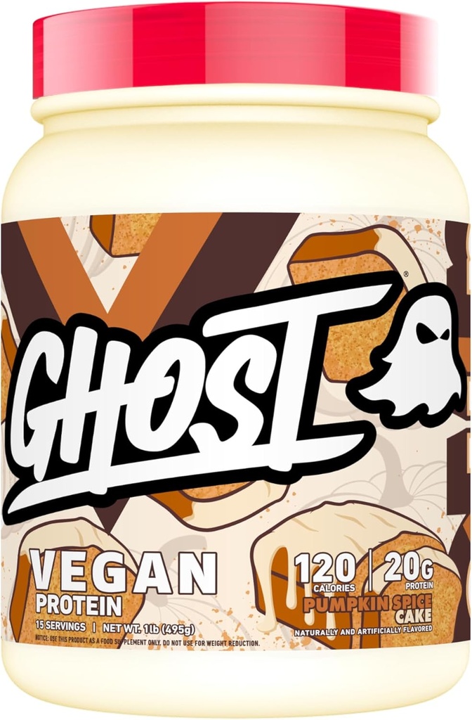 GHOST Vegan Protein Powder, Pumpkin Spice Cake - 1LB Tub, 20G of Protein - Plant-Based Pea, Organic Pumpkin & Watermelon Seed Protein Blend - ­Flavored Post Workout Shakes - Soy & Gluten Free
