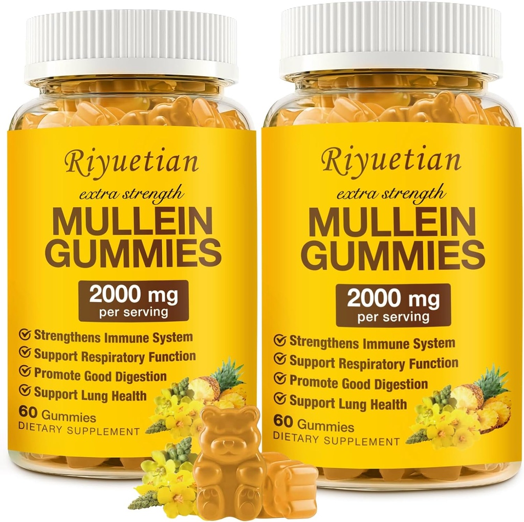 Mullein Gummies, 2000mg Organic Mullein Leaf Extract for Clear Lungs, Boost Respiratory & Digestive, Immune Booster for Adults & Kids, Allergy Friendly, Non-GMO, 120 Gummies