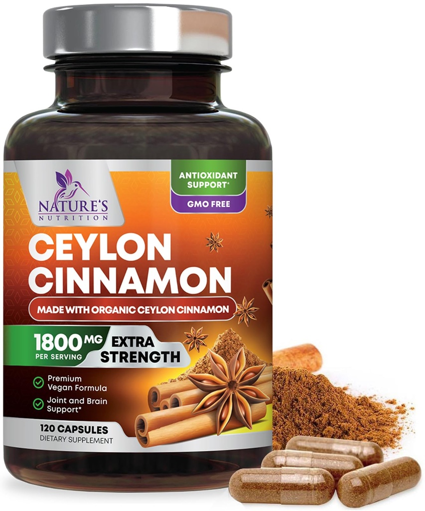 Βιολογική Ceylon Cinnamon Συμπλήρωμα 1800mg - Πιστοποιημένα Βιολογικά χάπια σκόνης Ceylon Cinnamon - Ενέργεια & Καρδιά Υποστήριξη για γυναίκες & άνδρες, Εμφιαλωμένο στις ΗΠΑ, Αντιοξειδωτικό, Χωρίς γλουτένη, Μη ΓΤΟ - 120 κάψουλες