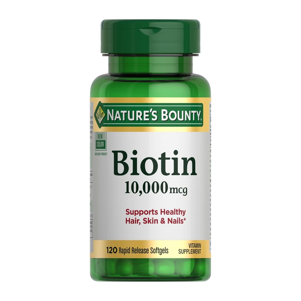 Nature's Bounty Biotin Hair Skin and Nails Βιταμίνες, Υποστηρίζει υγιή μαλλιά, δέρμα και νύχια, 10.000 mcg, 120 Softgels (Pack of 1)
