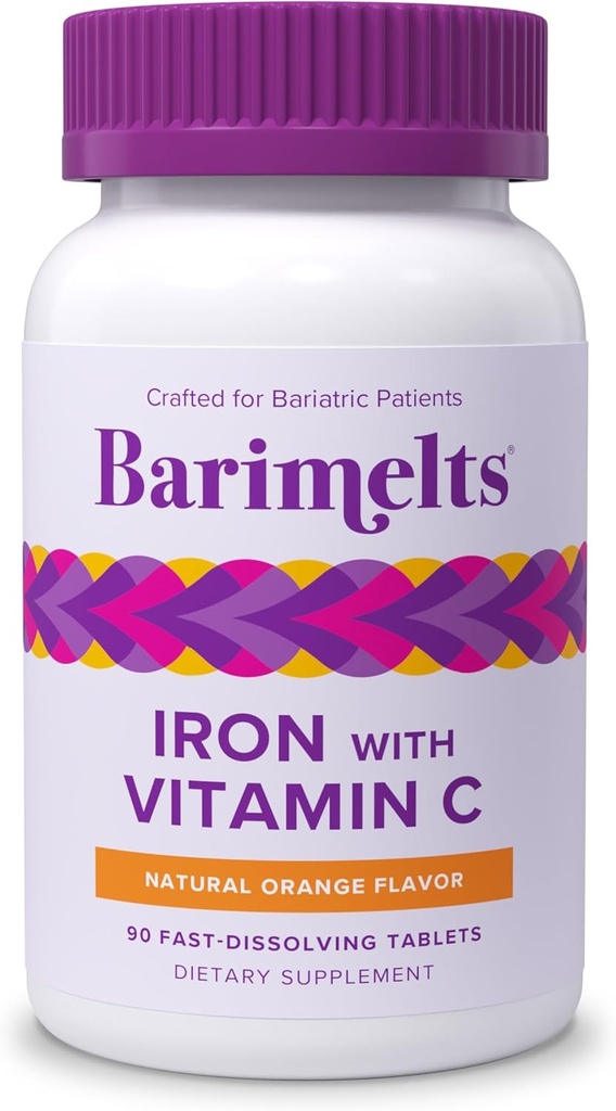 Barimelts Iron with Vitamin C, 90 δισκία ταχείας διάλυσης (1- Μήνας προσφοράς), συμπλήρωμα σιδήρου χωρίς ζάχαρη για τις γυναίκες, φυσικό πορτοκαλί άρωμα