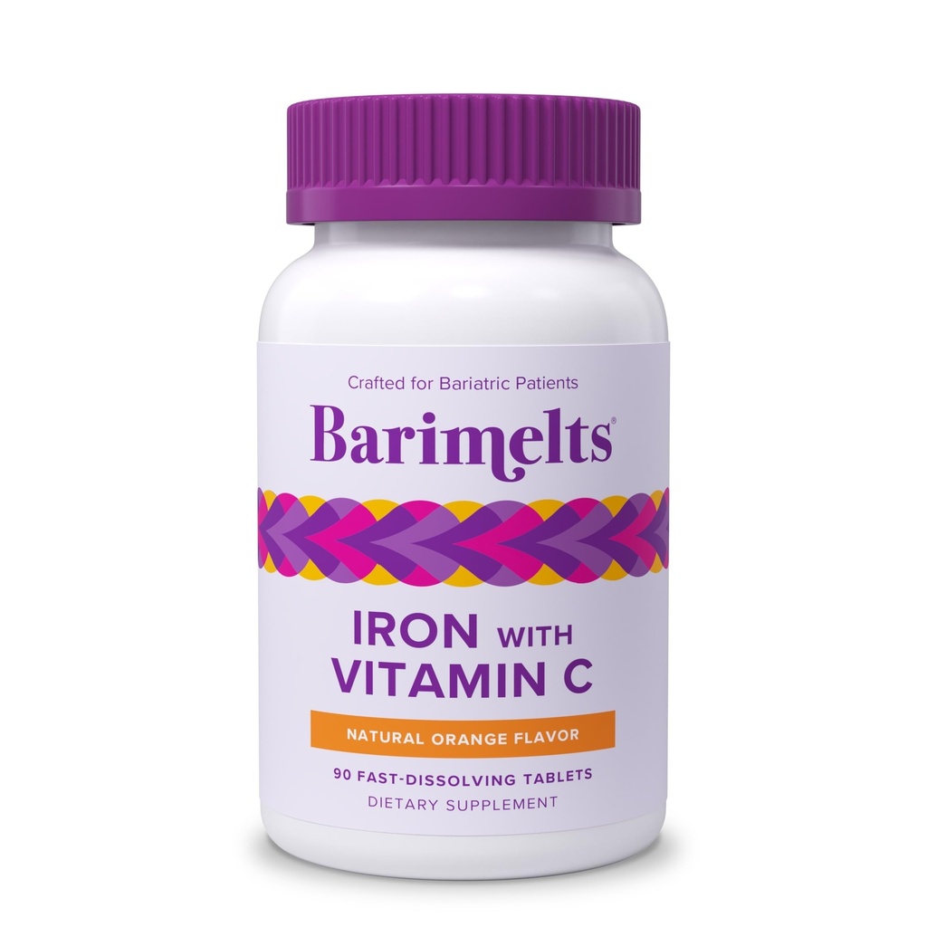 Barimelts Iron with Vitamin C, 90 δισκία ταχείας διάλυσης (1- Μήνας προσφοράς), συμπλήρωμα σιδήρου χωρίς ζάχαρη για τις γυναίκες, φυσικό πορτοκαλί άρωμα