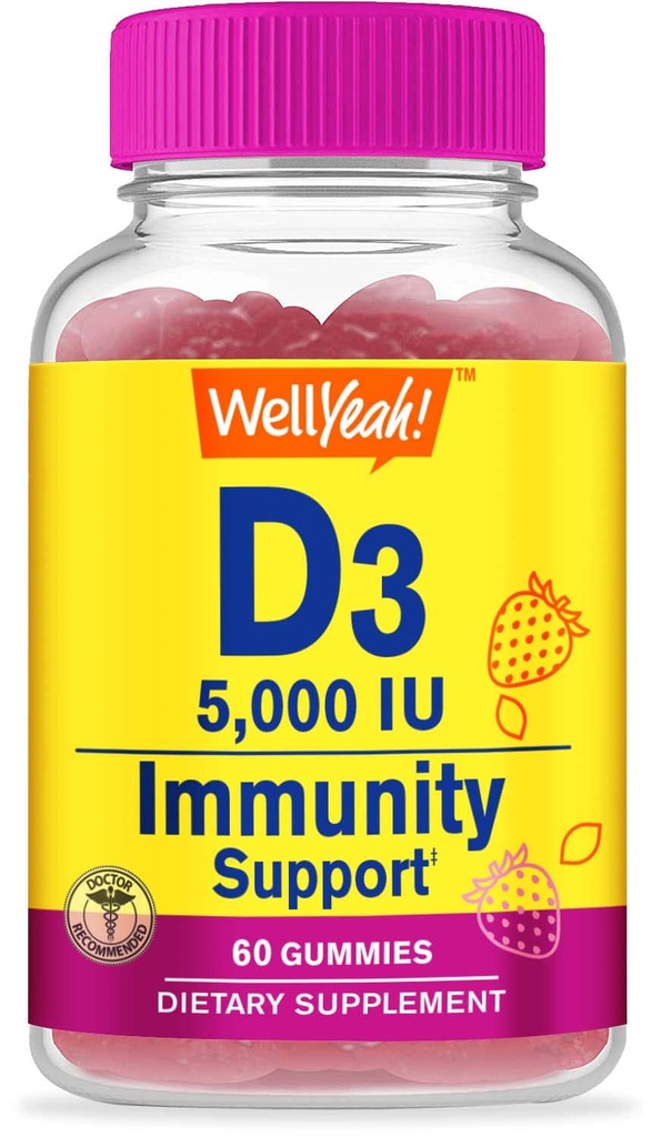 WellYe Vitamin D3 5000 IU (125 mcg) Extra Strengght Gummies -για την υγεία των οστών, ανοσοενισχυτής, οστά και δόντια Υποστήριξη -Non GMO, χωρίς γλουτένη, χωρίς καρύδες, χορτοφαγικά -Strawberry Flavor -60 Gummies