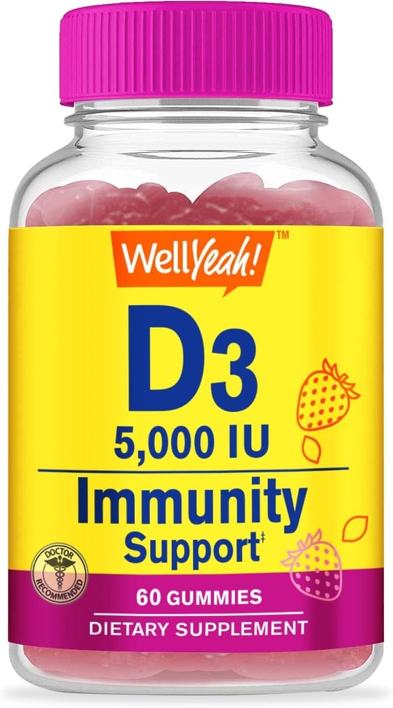 WellYeah Vitamin D3 5000 IU (125 mcg) Extra Strenght Gummies -for Bone Health, Immune Booster, Bone and Teeth Support -Non GMO, Gluten Free, Nut Free, Vegetarian -Strawberry Flavor -60 Gummies
