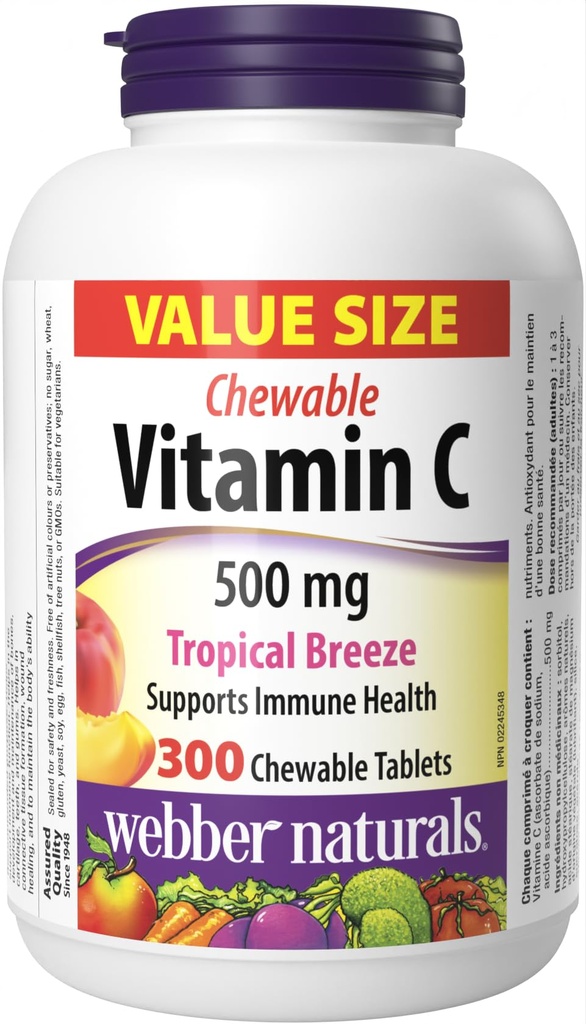 Webber Naturals Βιταμίνη C, 300 Μασώμενα Tropical Breeze Flavor Tablets, 500 mg Βιταμίνη C ανά δισκίο, Οστά, Δόντια, Ανοσοποιητική και Αντιοξειδωτική Υποστήριξη, Μη ΓΤΟ, Γαλακτοκομικά & Χωρίς Γλουτένη
