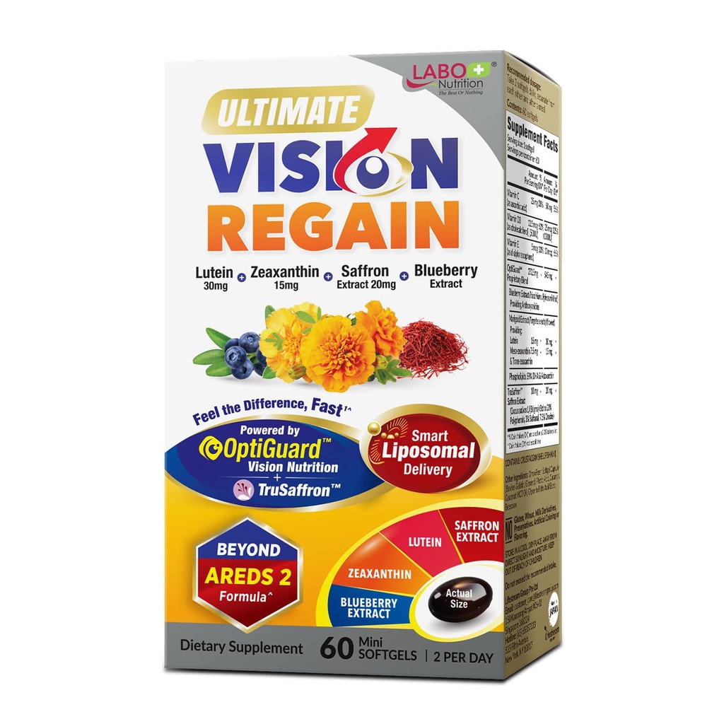 Διατροφή LABO Ultimate VisionREGAIN, Βιταμίνη ματιών πέρα από AREDS 2 Φόρμουλα με λουτεΐνη, Zeaxanthin, εκχύλισμα σαφράν, Βατόμουρο για την υγεία της ωμοπλάτης και της αμφιβληστροειδούς, Κόπωση ματιών, υποστήριξη νυχτερινής όρασης 60 κόμητες
