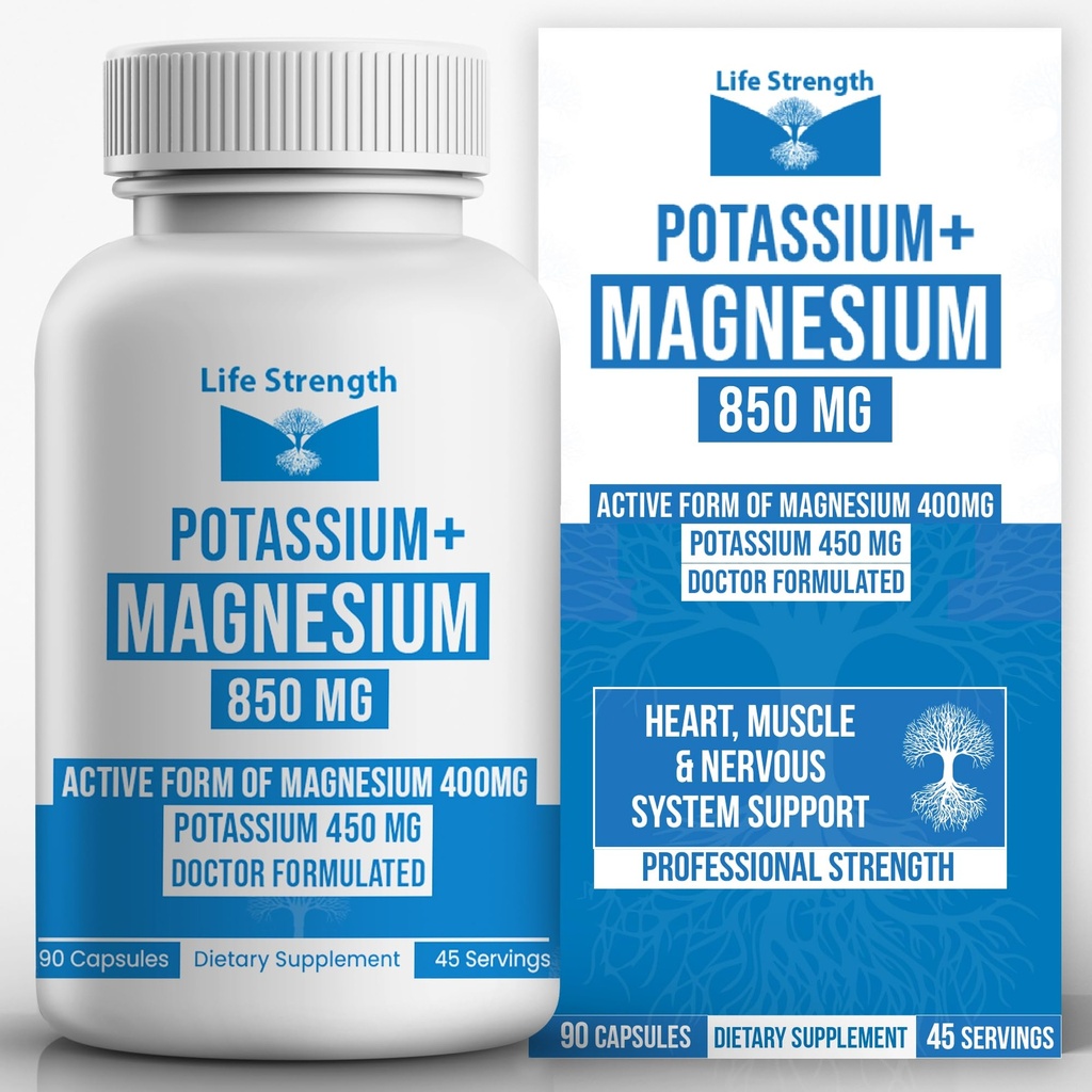 Life Strength Magnesium & Potassium Supplement 850mg – 90 Capsules – High Strength Electrolyte & Mineral Complex for Daily Wellness, Energy, Hydration, Muscle & Nerve Function Support