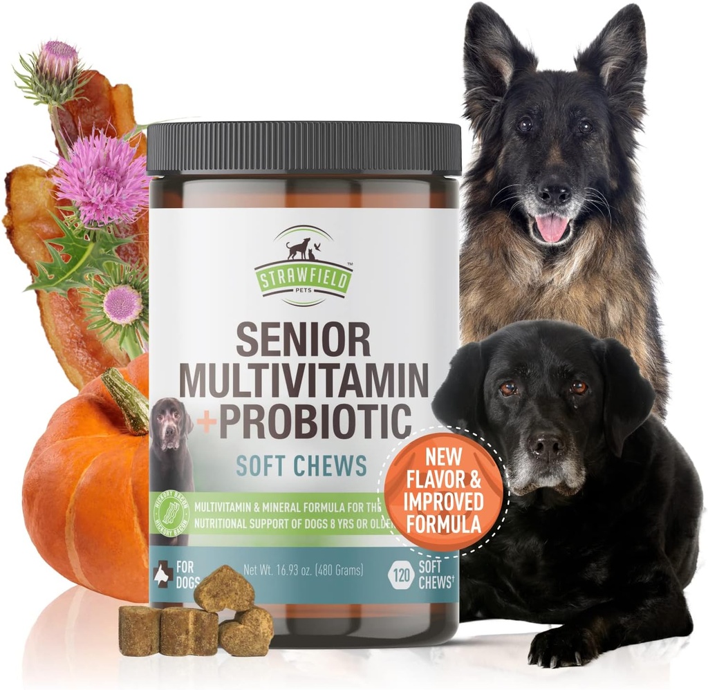 Strawfield Pets Senior Multivitamin + Probiotics for Dogs with Milk Thistle Joint Support Supplement for Dogs Bacon Flavor 120 Soft Chews