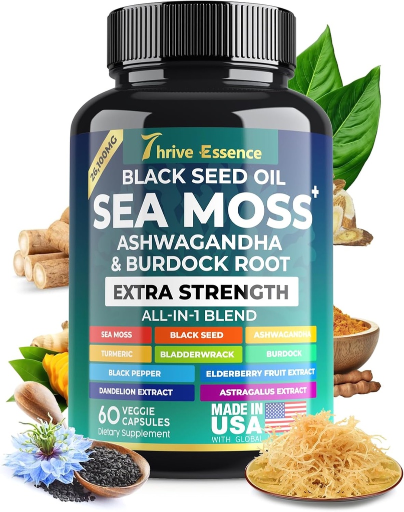 Sea Moss Extract, Black Seed Oil, Ashwagandha, Turmeric & More – 10-σε-1 συμπλήρωμα βοτάνων με Black Pepper & Elderberry – 60 κάψουλες