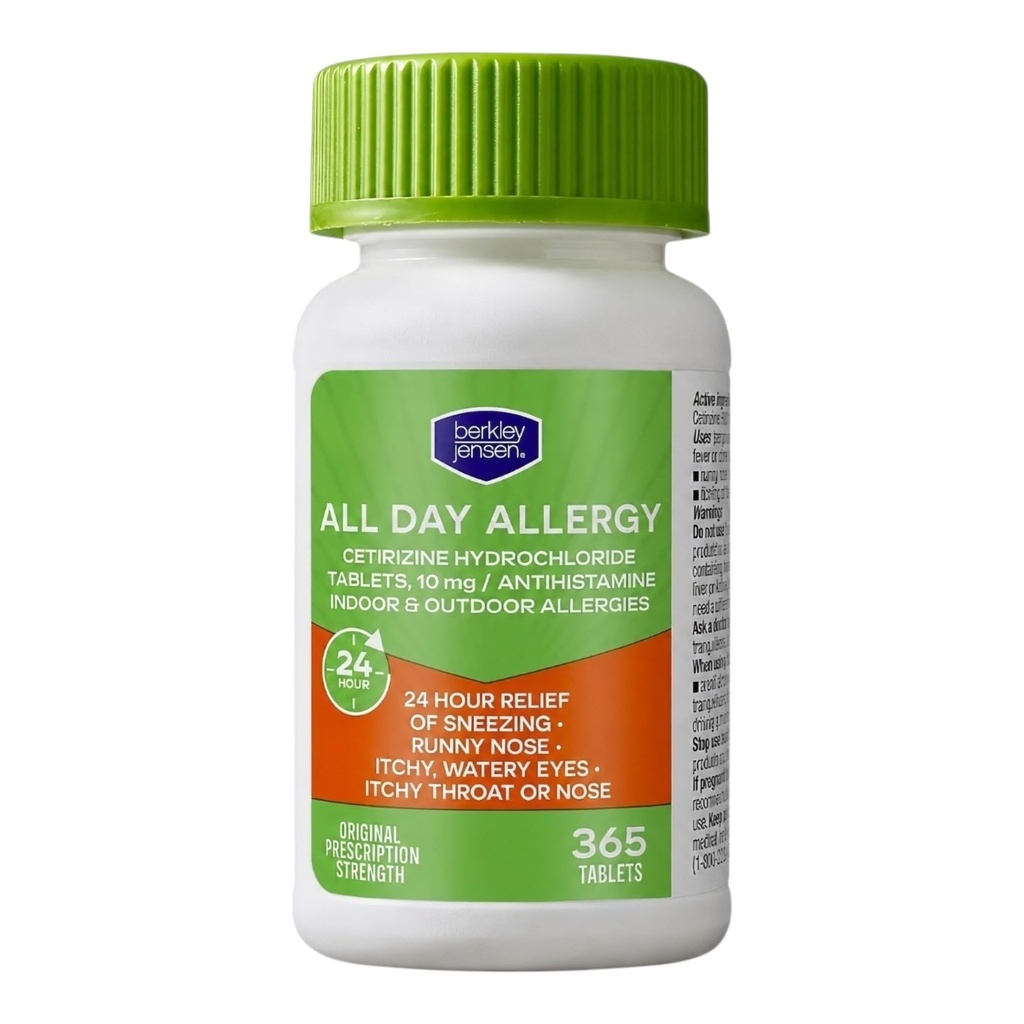 Berkley jensen 24ωρη Αλλεργία Ανακούφιση (365- Count), 10 mg Cetirizine Hydrochloride Antihistamine - Γρήγορη Αλλεργία Ιατρική για Αλλεργίες Εσωτερικού Χώρου & Υπαίθριες, δισκία Easy-Swallow, Σύγκριση με Zyrtec