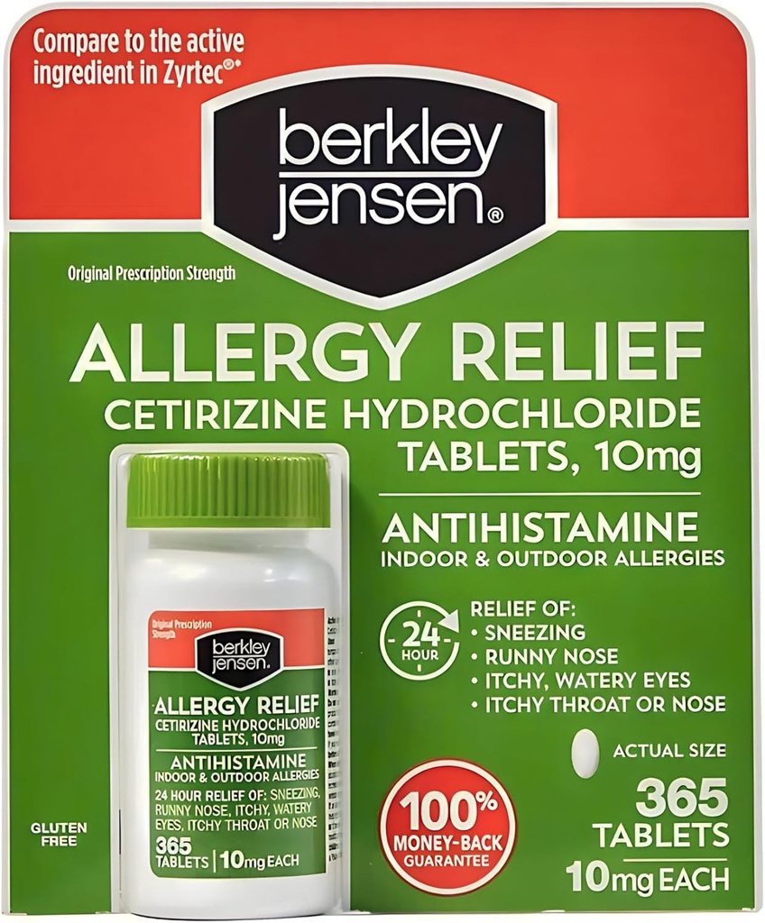 Berkley jensen 24ωρη Αλλεργία Ανακούφιση (365- Count), 10 mg Cetirizine Hydrochloride Antihistamine - Γρήγορη Αλλεργία Ιατρική για Αλλεργίες Εσωτερικού Χώρου & Υπαίθριες, δισκία Easy-Swallow, Σύγκριση με Zyrtec
