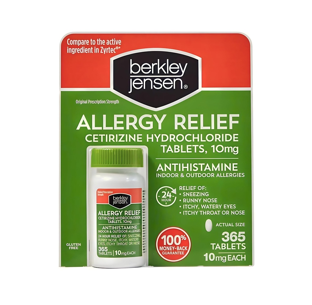berkley jensen 24 Hour Allergy Relief, 10 mg Cetirizine Hydrochloride Antihistamine - Fast Allergy Medicine for Indoor & Outdoor Allergies, Made in USA