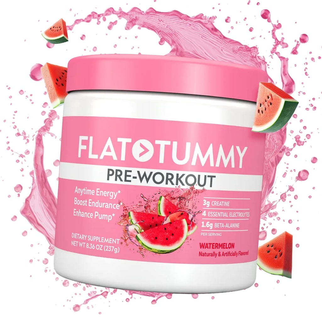 Flat Tummy Pre Workout Powder for Women – Ενέργεια, αντοχή και μυϊκή υποστήριξη με 3g Creatine, 1,6g Beta-Alanine, Electrolytes – Γεύση Καρπούζι – 30 εξυπηρετήσεις