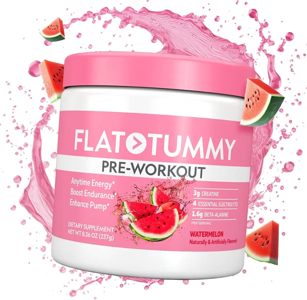 Flat Tummy Pre Workout Powder for Women – Ενέργεια, αντοχή και μυϊκή υποστήριξη με 3g Creatine, 1,6g Beta-Alanine, Electrolytes – Γεύση Καρπούζι – 30 εξυπηρετήσεις