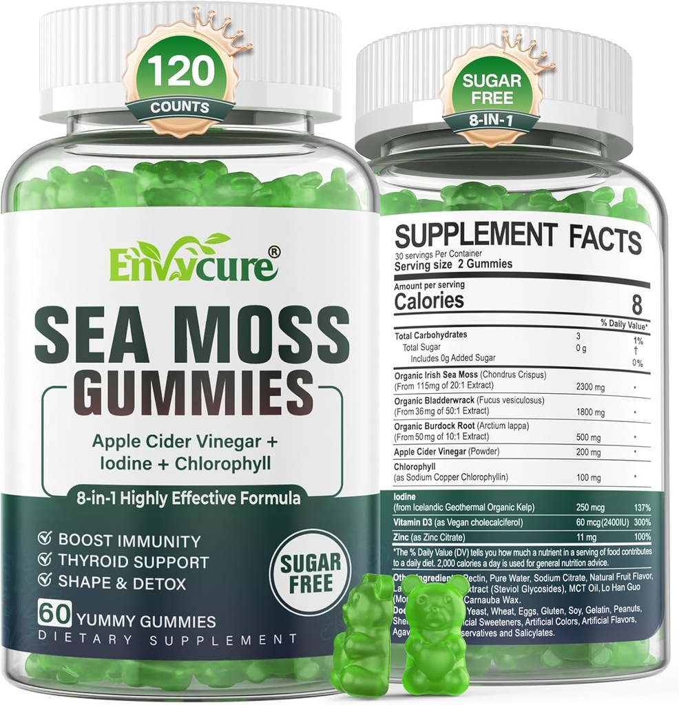 Sea Moss Gummies Sugar-Free, Extra Strength Irish Moss Gel συμπλήρωμα με Ιώδιο, Chlorophyl, Unfiltered ACV, D3, Burdock Root, Bladderwrack για το ανοσοποιητικό, Digestive, Δέρμα, Μαλλιά, Det❤️x, Vegan, 2Pack