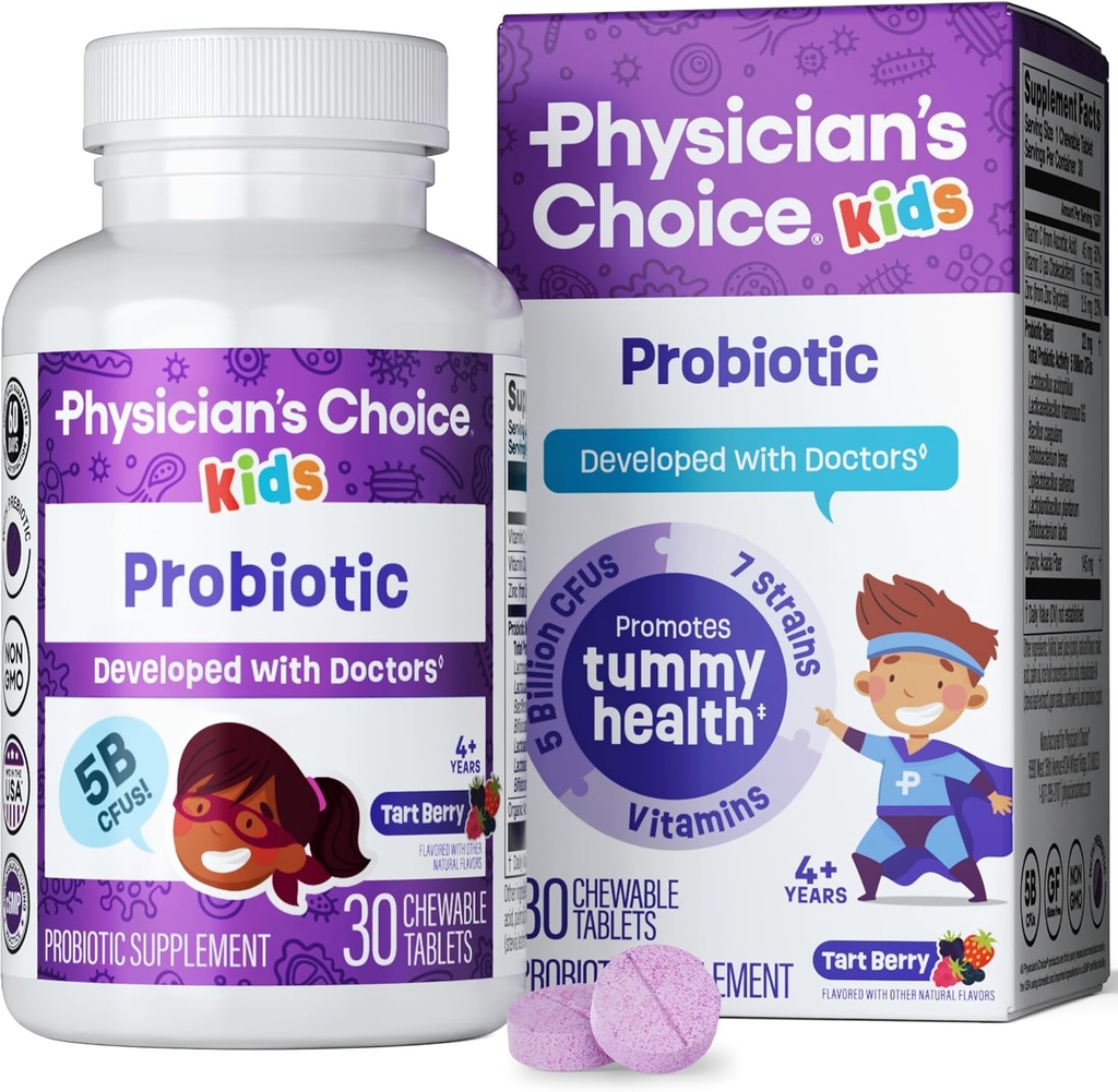 Physician's CHOICE Probiotics for Kids - 7 Diverse Strains, Organic Prebiotics, Vitamins & Minerals - Clinically Studied L. Rhamnosus GG - Immune & Digestive Support - No Sugar or Artificial Dyes