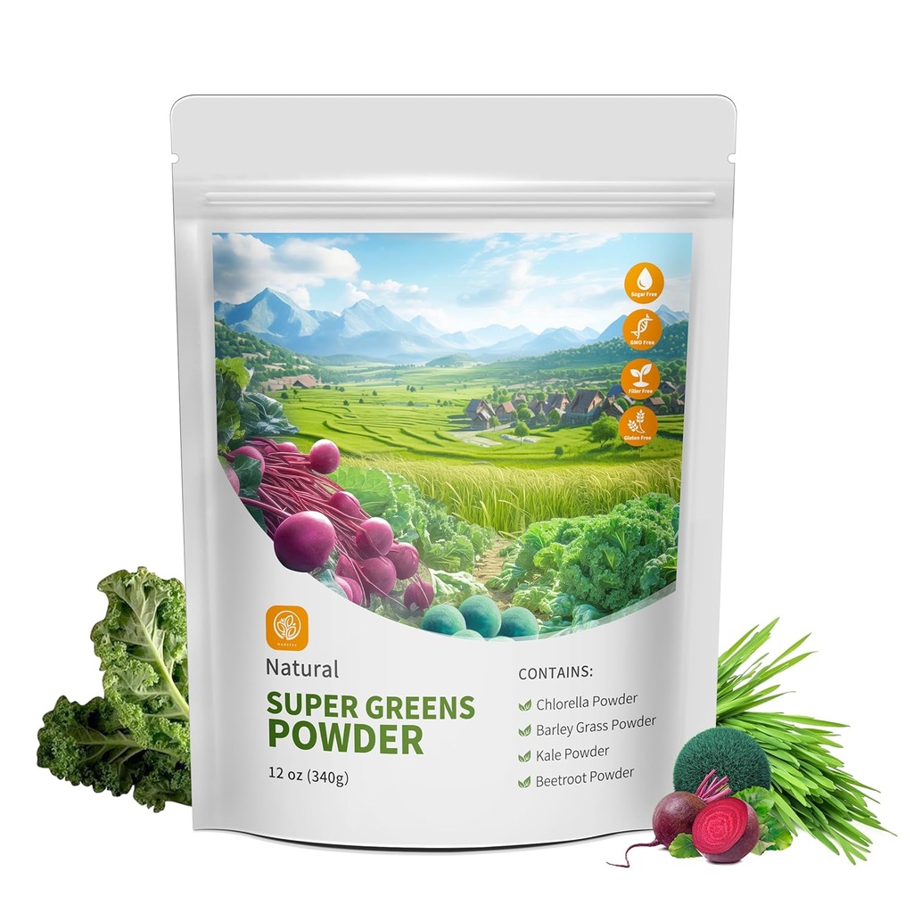 Hudetex Πράσινοι Σκόνη Superfood για ανοσοποιητική υποστήριξη με 12 oz, Πράσινο σκόνη Smoothie Mix με Chlorella, Barley Grass, Kale & Beetroot Smoothie Booster, Chlorophyl Providing Greens.