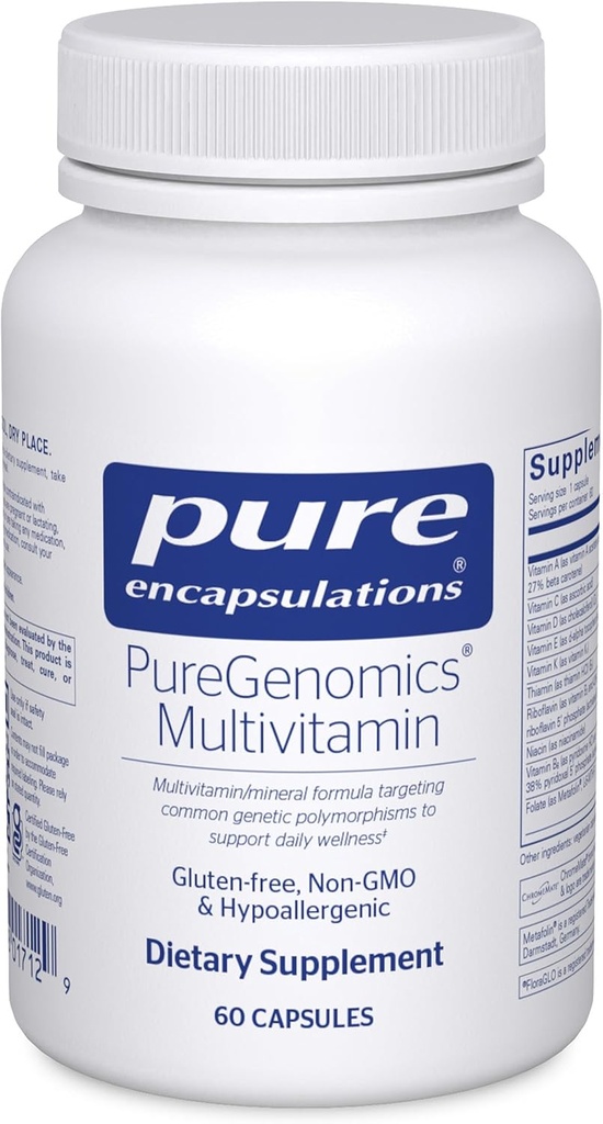 Καθαρές Ενσωματώσεις PureGenomics Multivitamin - Συμπλήρωμα για την υποστήριξη των απαιτήσεων θρεπτικών συστατικών των κοινών γενετικών διακυμάνσεων - με βιταμίνη A,B,C,D,E, K & Minerals - 60 κάψουλες