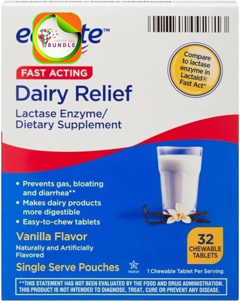 Equate Fast Action Γαλακτοκομική ανακούφιση Lactase Enzyme Συμπλήρωμα διατροφής Vanilla Flavor μασώμενα δισκία 32 Count (Pack of 1) + CreativeAndBundle Sticker