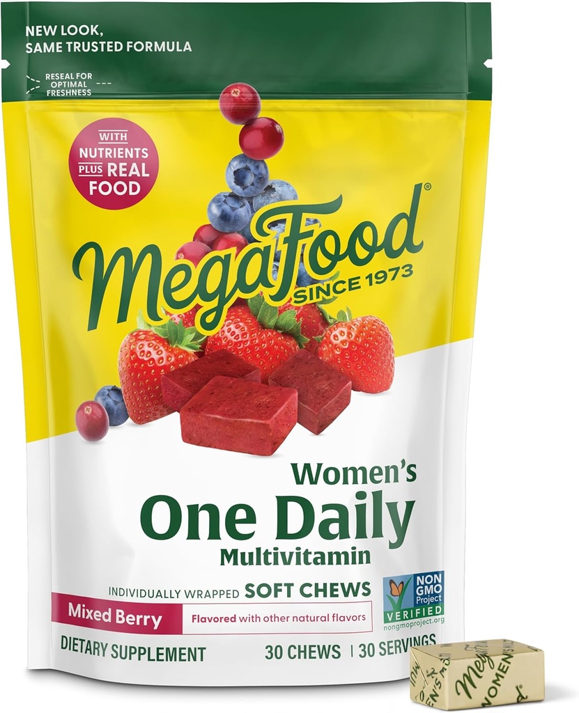 MegaFood Women's One Daily Multivitamin Soft Chews - Πολυβιταμίνη για γυναίκες με φολικό, Βιταμίνη Β6, Β12, Βιοτίνη, Βιταμίνη D - Νόστιμο μεικτό άρωμα μούρου - Χορτοφαγικά, Μη ΓΤΟ - 30 μάσα