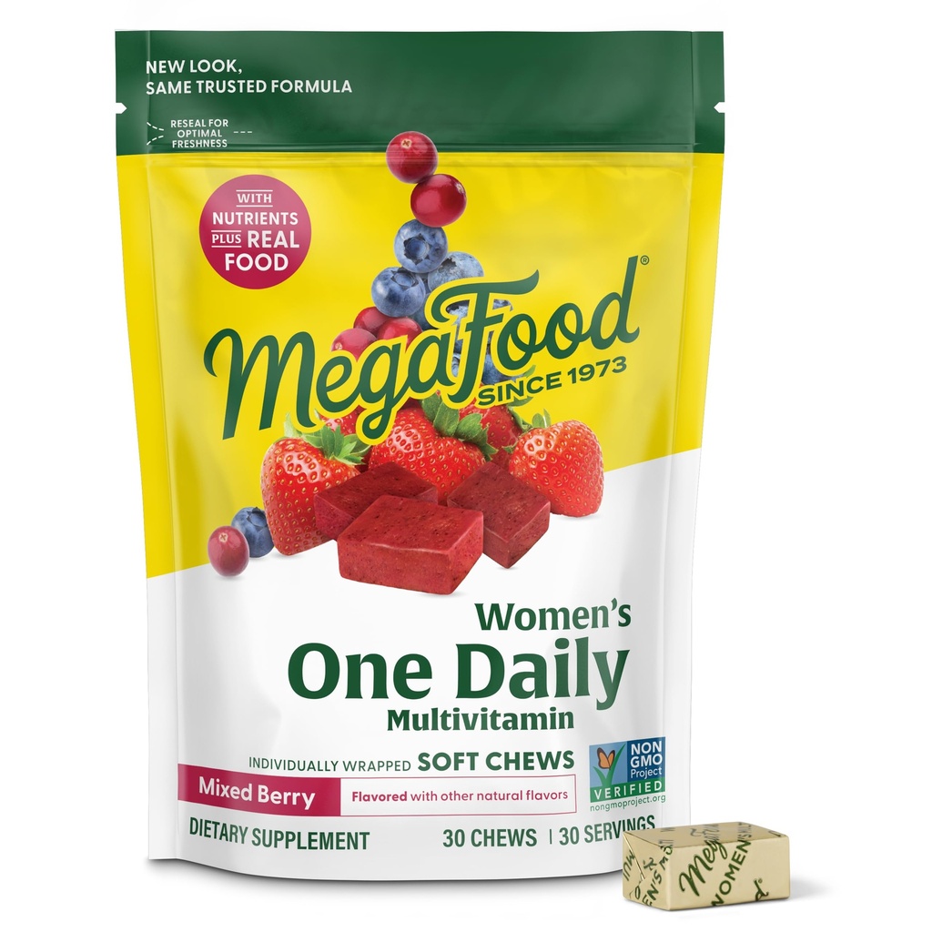 MegaFood Women's One Daily Multivitamin Soft Chews - Πολυβιταμίνη για γυναίκες με φολικό, Βιταμίνη Β6, Β12, Βιοτίνη, Βιταμίνη D - Νόστιμο μεικτό άρωμα μούρου - Χορτοφαγικά, Μη ΓΤΟ - 30 μάσα