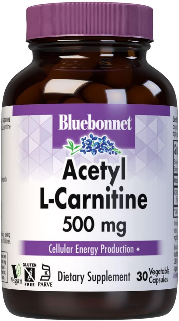 Bluebonnet Διατροφή Acetyl L-Καρνιτίνη, Μεταφορές Λιπαρά Οξέα, Ενισχύει Κυτταρική Ενέργεια, Χωρίς Σόγια & Γλουτένη, Kosher Certified, Vegan, 30 Καψάκια λαχανικών, Λευκό, 500mg