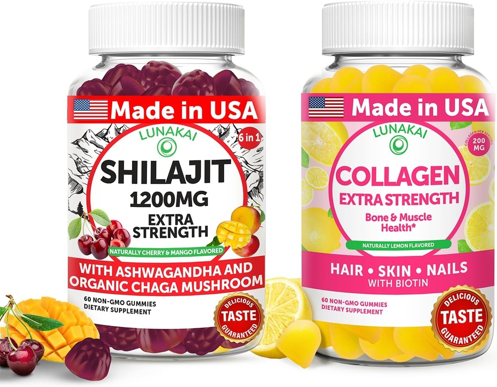 Lunakai USA Made Shilajit & Collagen Extra Strength Gummies Bundle – Ενέργεια, μαλλιά, δέρμα, και υποστήριξη νυχιών – Delicious & Non-GMO
