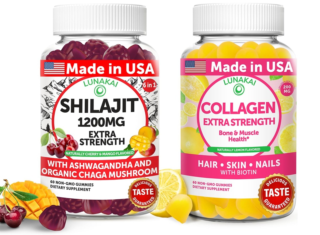 Lunakai USA Made Shilajit & Collagen Extra Strength Gummies Bundle – Ενέργεια, μαλλιά, δέρμα, και υποστήριξη νυχιών – Delicious & Non-GMO