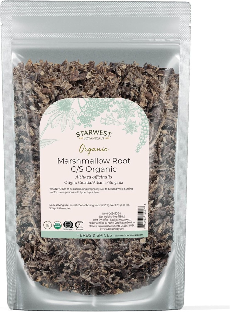 Starwest Botanicals Organic Marshmallow Root - Αποξηραμένα βότανα για τσάι, χαλαρά φύλλα ρίζας, κομμένα και κοσκινισμένα, πιστοποιημένα Kosher, μη GMO - 4 oz πουγκί
