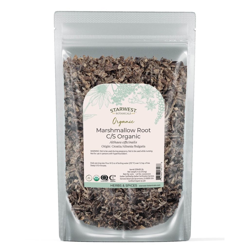 Starwest Botanicals Organic Marshmallow Root - Αποξηραμένα βότανα για τσάι, χαλαρά φύλλα ρίζας, κομμένα και κοσκινισμένα, πιστοποιημένα Kosher, μη GMO - 4 oz πουγκί
