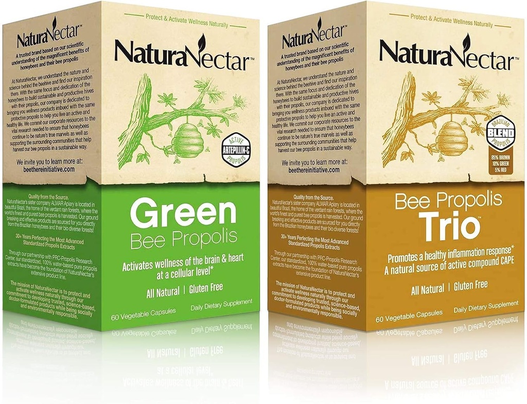 NaturaNectar Natural Bee Propolis Bundle - Trio and Green Propolis - for Immune, Memory and Focus Support* - 60 Capsules per Bottle