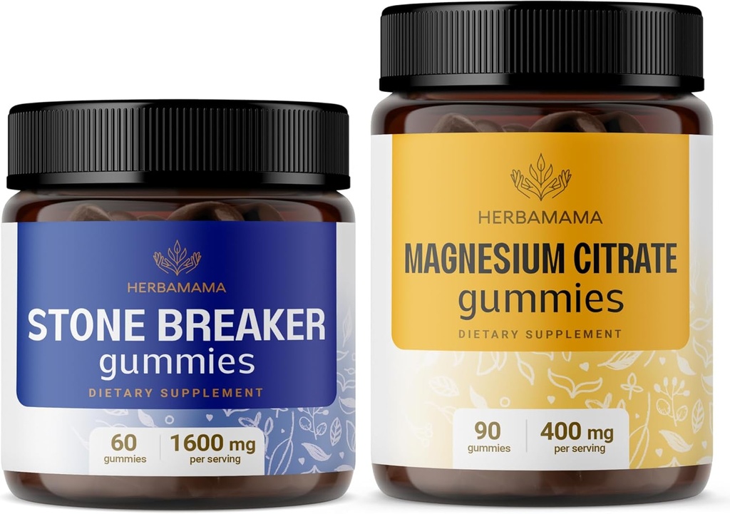 HERBAMAMA Stone Breaker and Magnesium Kit - Bundle των 1600 mg Chanca Piedra & 400 mg Magnesium Citrate Gummies - Vegan, Non-GMO, Gelatin-Free - 2 Pack