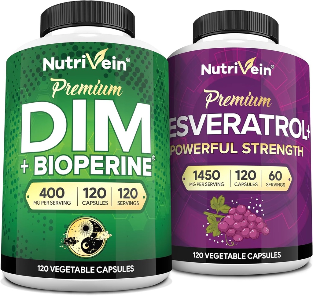 Nutrivein Premium Resveratrol Κάψουλες και DIM συμπλήρωμα Δέσμη: Υψηλής απορρόφησης Resveratrol συμπλήρωμα και DIM για την ανάκτηση, ισορροπία, και ζωτικότητα